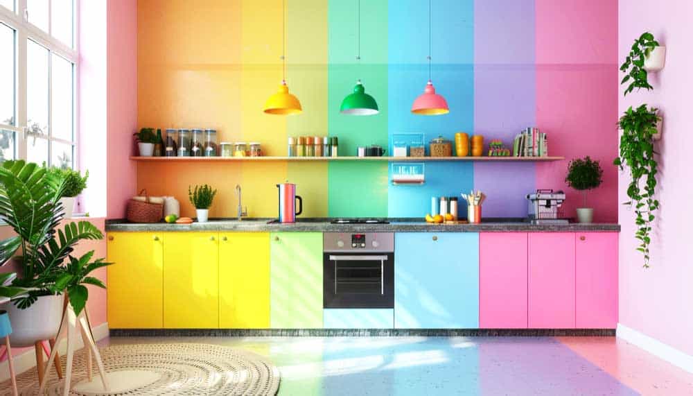 La imagen muestra una cocina moderna decorada con una vibrante combinación de colores pastel, donde los gabinetes y paredes crean un efecto arcoíris. Las plantas, la iluminación colgante y los detalles decorativos aportan un ambiente creativo.