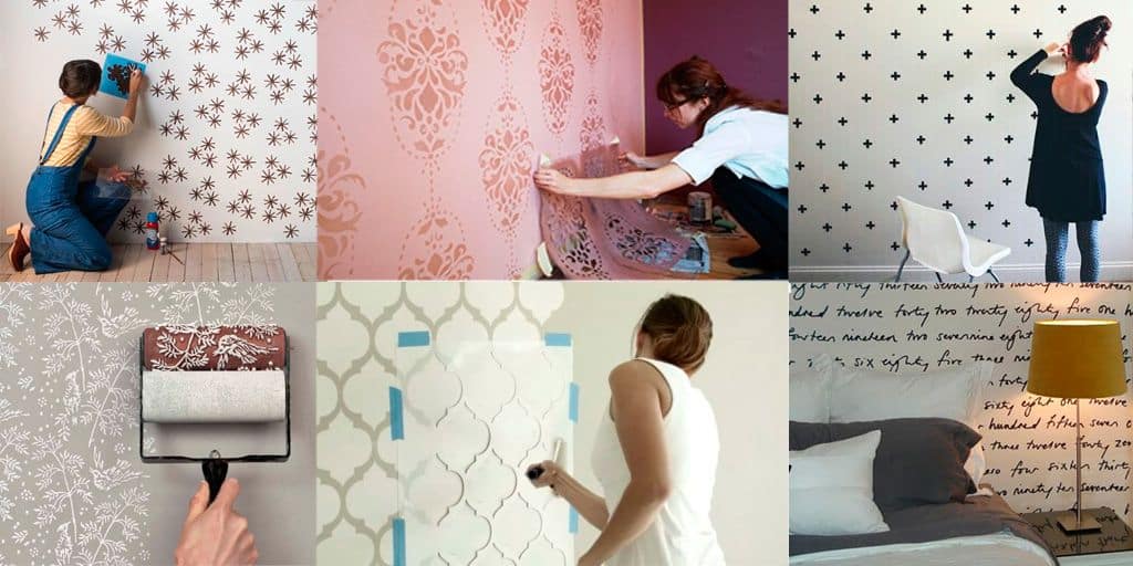 Se observa un collage con diversas ideas para decorar paredes mediante plantillas, rodillos decorativos y patrones pintados a mano. Estas propuestas permiten renovar cualquier habitación con diseños únicos, modernos y fáciles de realizar.