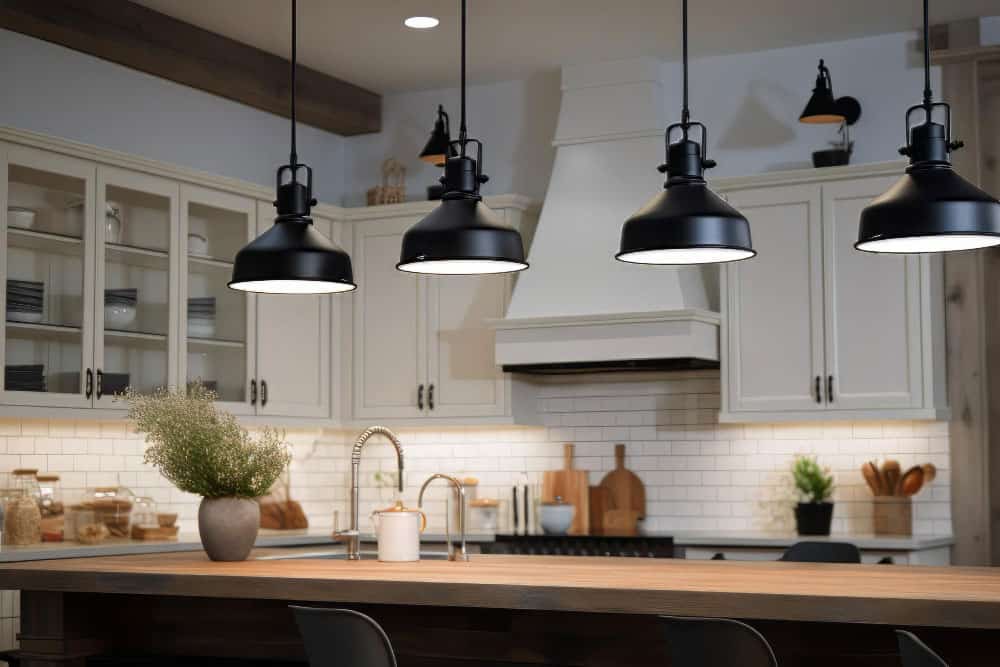 Se aprecia una cocina moderna en tonos claros con isla central de madera y lámparas colgantes en negro. La iluminación cálida y los detalles decorativos crean un ambiente elegante, funcional y perfectamente equilibrado.