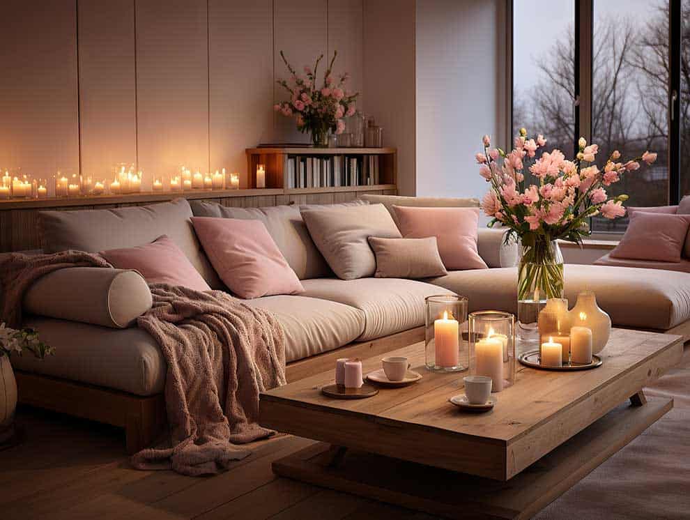 La imagen muestra una sala acogedora decorada en tonos neutros y rosados, con un amplio sofá, arreglos florales y múltiples velas encendidas que crean un ambiente cálido, elegante y relajante.