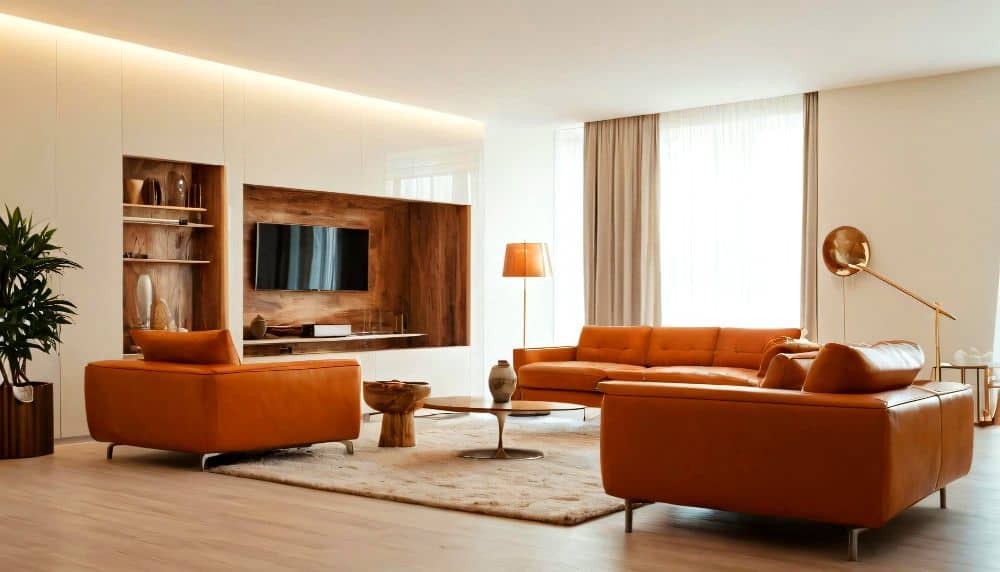 Se muestra una sala moderna equipada con sofás en color camel o cuero cognac, acompañados de una mesa de centro de diseño contemporáneo. También se aprecia un centro de entretenimiento con acabados en madera e iluminación indirecta.