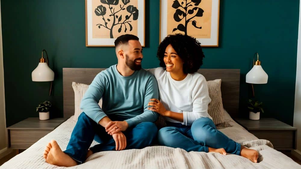 Se observa a una pareja sentada sobre una cama en una recámara moderna. La decoración combina tonos verdes, grises y madera, creando un ambiente fresco y contemporáneo.