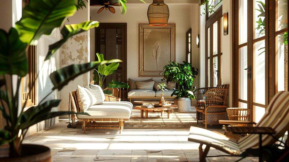 Se aprecia una amplia sala de estar decorada con numerosas plantas distribuidas en distintos rincones. Los muebles en tonos claros, las fibras naturales y la abundante iluminación crean un ambiente relajante y armonioso.