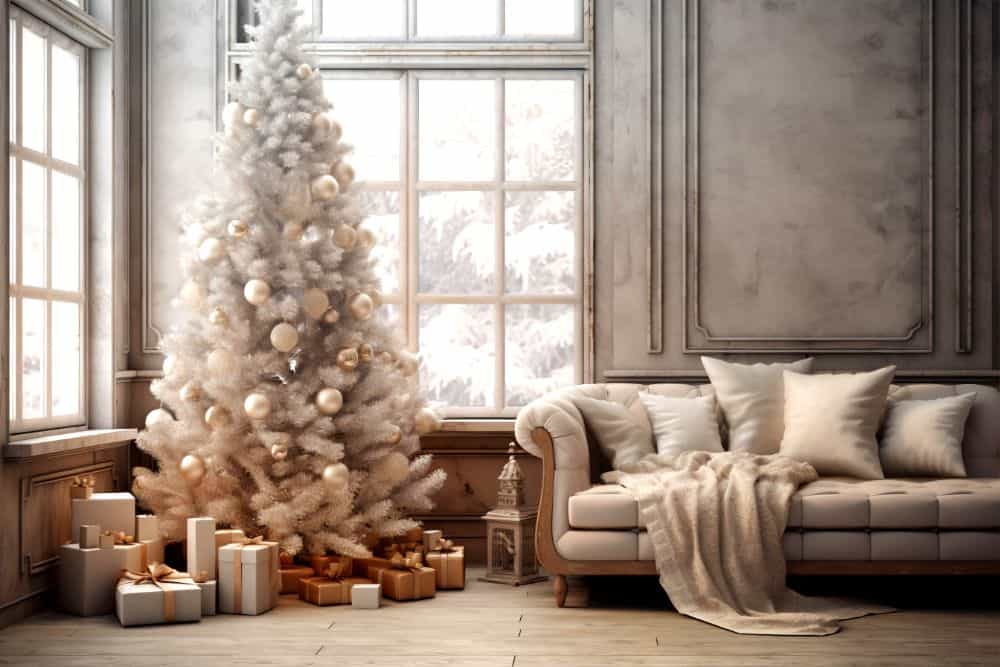 Se observa una elegante sala decorada para Navidad con un árbol blanco adornado en tonos dorados y regalos cuidadosamente acomodados a su alrededor. Los muebles en colores neutros y la iluminación natural crean un ambiente cálido.