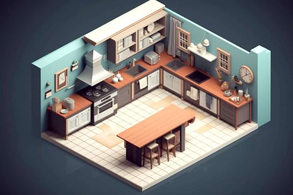 La imagen muestra un modelo digital tridimensional que permite visualizar la distribución, mobiliario y funcionalidad de una cocina antes de fabricarla.