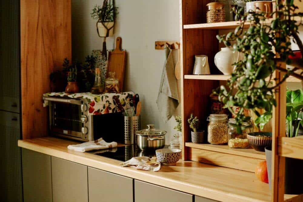 La imagen muestra una cocina con cubierta de madera, estanterías abiertas y plantas decorativas que brindan un aspecto acogedor y armonioso.