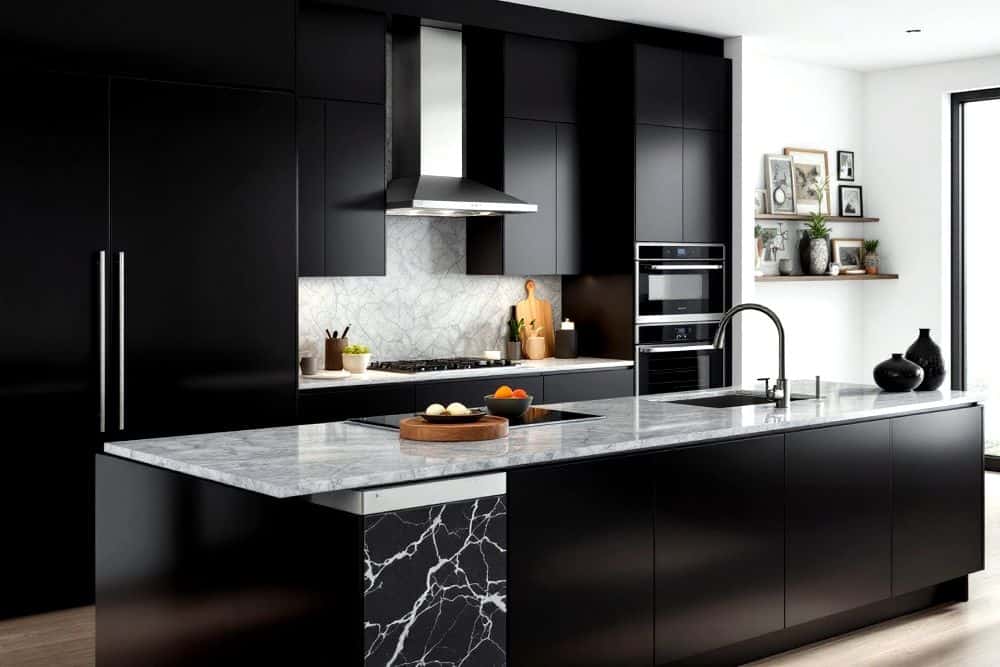 Se observa una elegante cocina contemporánea con gabinetes negros, isla central y cubiertas tipo mármol, destacando un diseño sofisticado y minimalista.