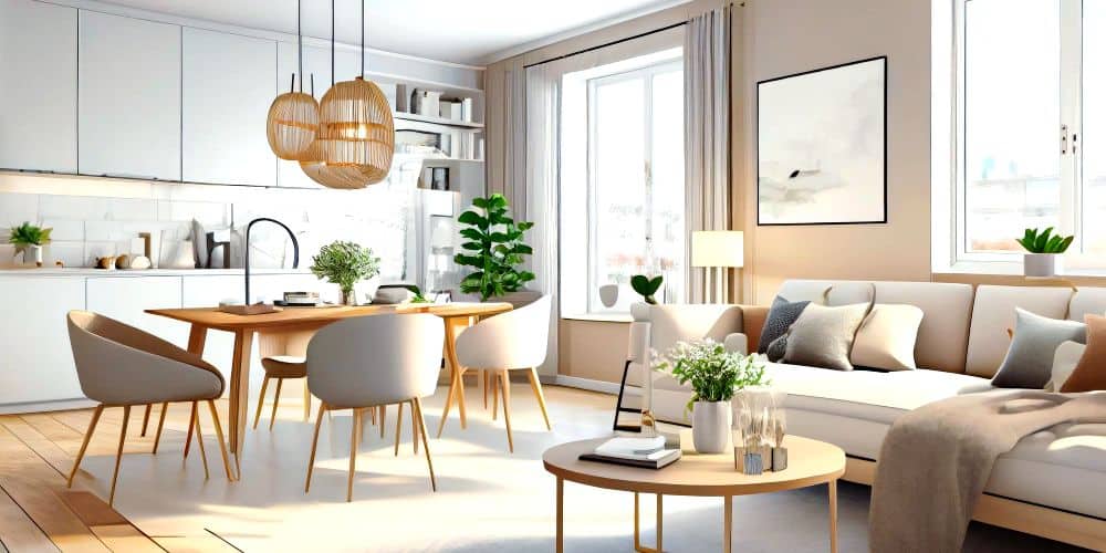 En la imagen se observa un espacio abierto que integra sala, comedor y cocina bajo un diseño contemporáneo. Los muebles claros, las lámparas colgantes, las plantas y la abundante luz natural transmiten amplitud, calidez y funcionalidad.