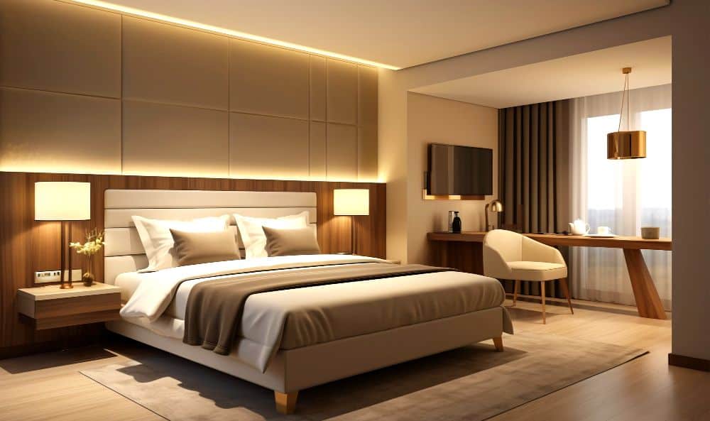 Una recámara moderna con diseño elegante y sofisticado. Destacan los tonos beige y madera, la iluminación indirecta en el cabecero y un área de trabajo integrada que aporta funcionalidad al espacio.