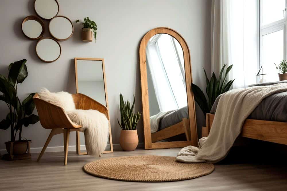 Se muestra una acogedora recámara de estilo escandinavo, decorada con muebles de madera natural, espejos de diferentes tamaños y plantas ornamentales. También se aprecia una alfombra circular de fibras naturales y textiles en tonos neutros.