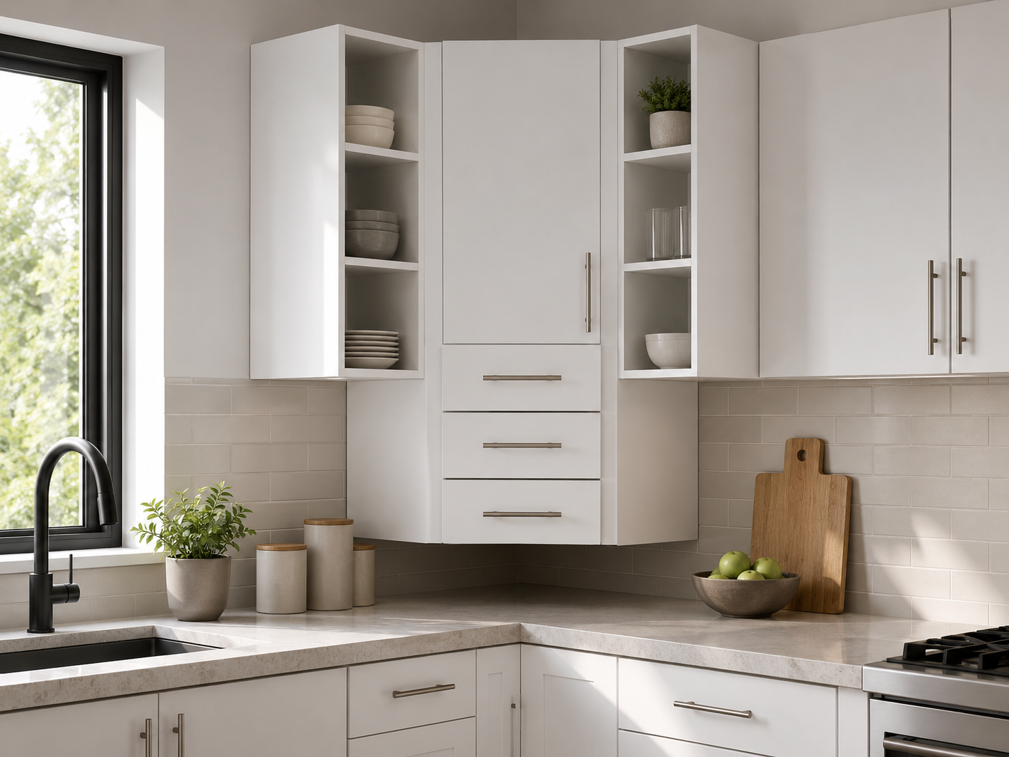 Imagen recomendada: cocina moderna con alacena esquinera superior, módulos de almacenamiento, vajilla organizada y tonos neutros.