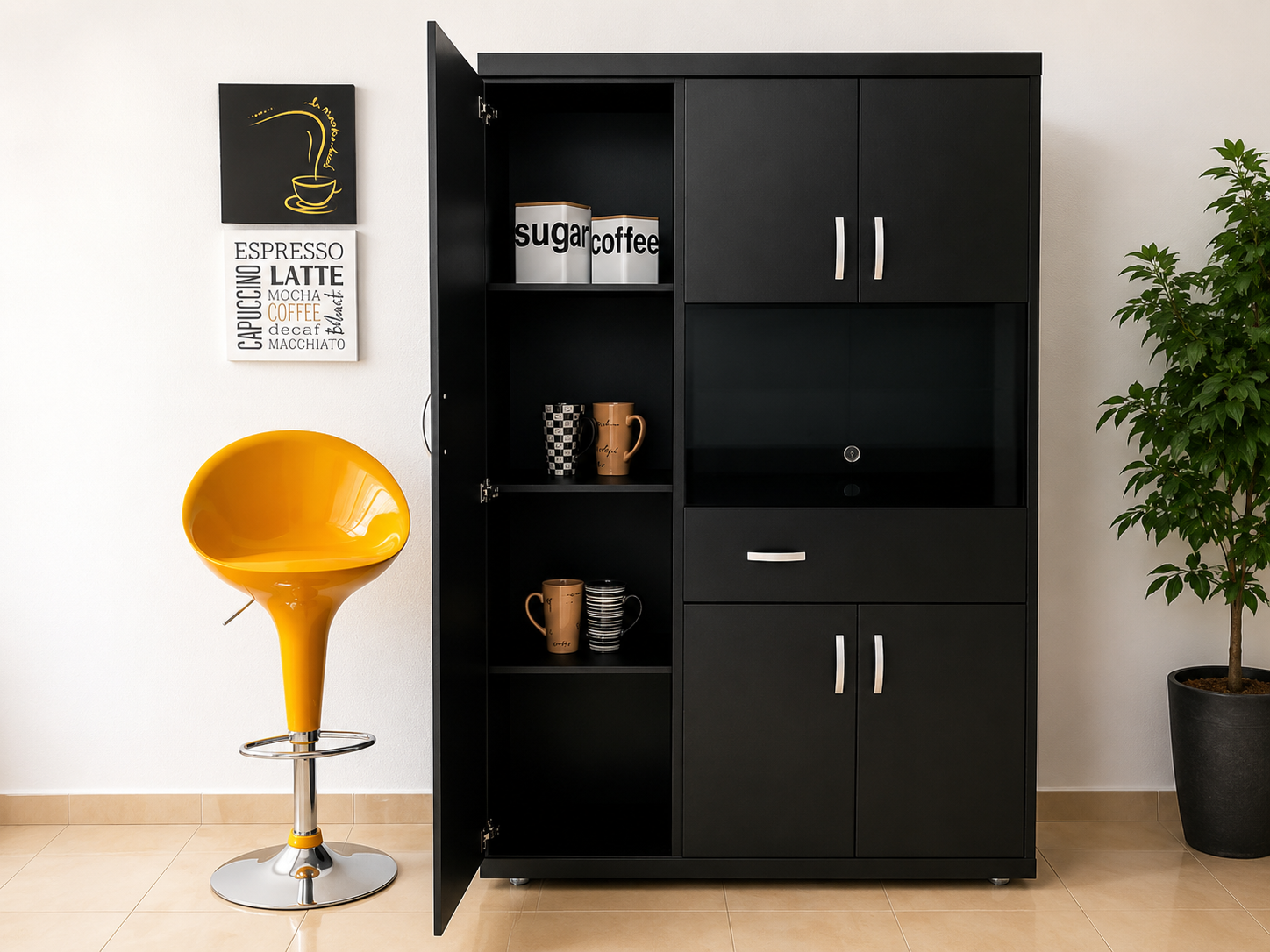 Imagen recomendada: cocina moderna con alacena y despensero, vajilla organizada, alimentos guardados y ambiente limpio en tonos neutros.