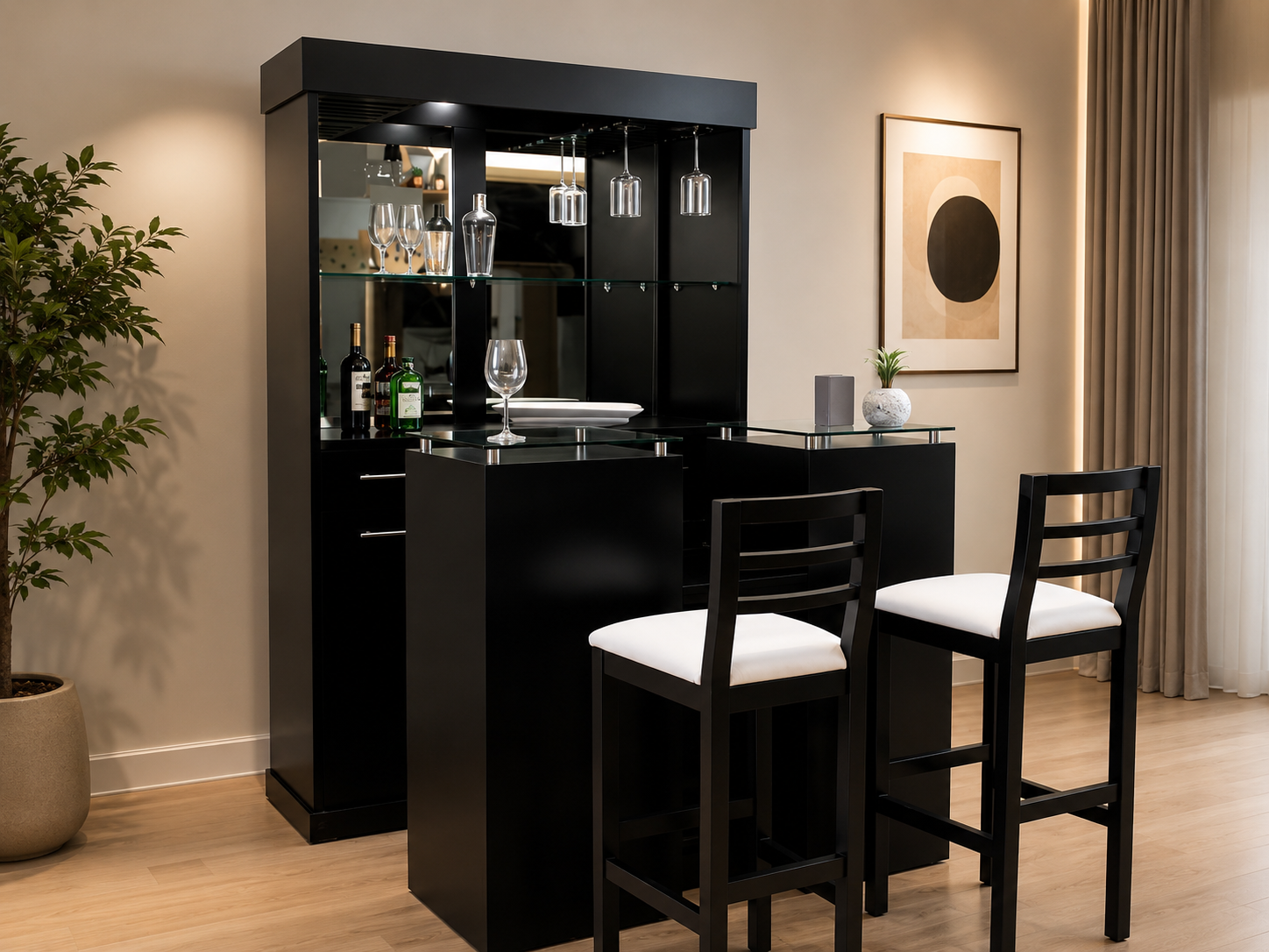 sala moderna con cantina para casa, copas organizadas, botellas decorativas, iluminación cálida y ambiente social elegante.