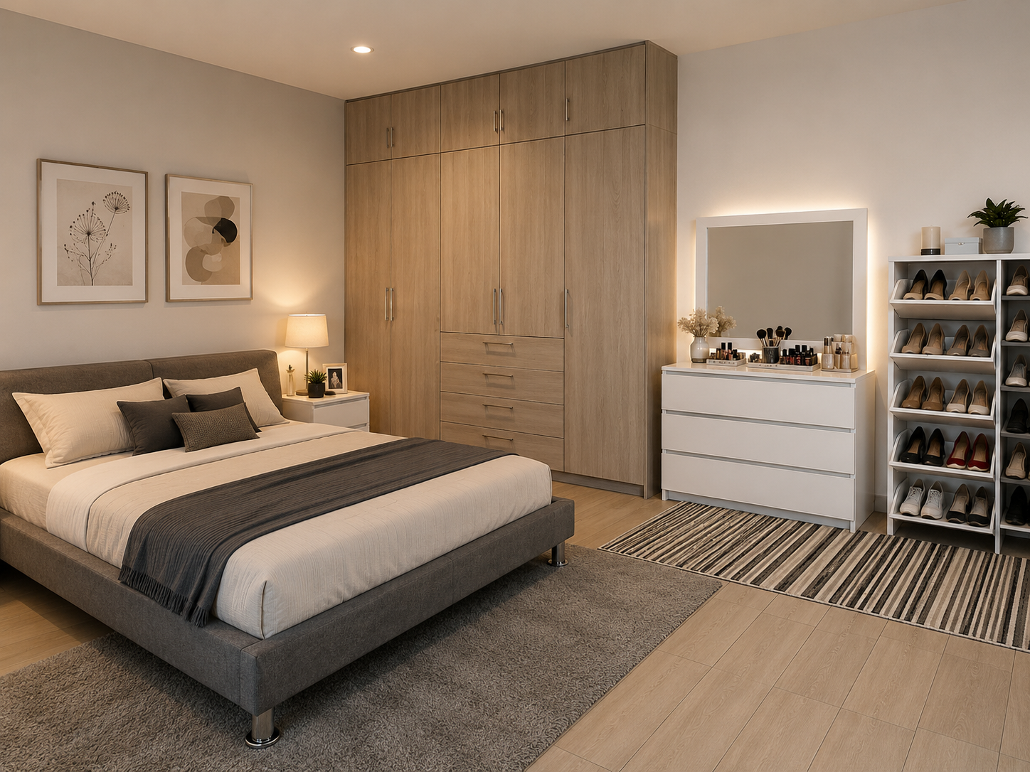 recámara moderna con base de cama matrimonial, colchón colocado, decoración neutra, burós y ambiente limpio.