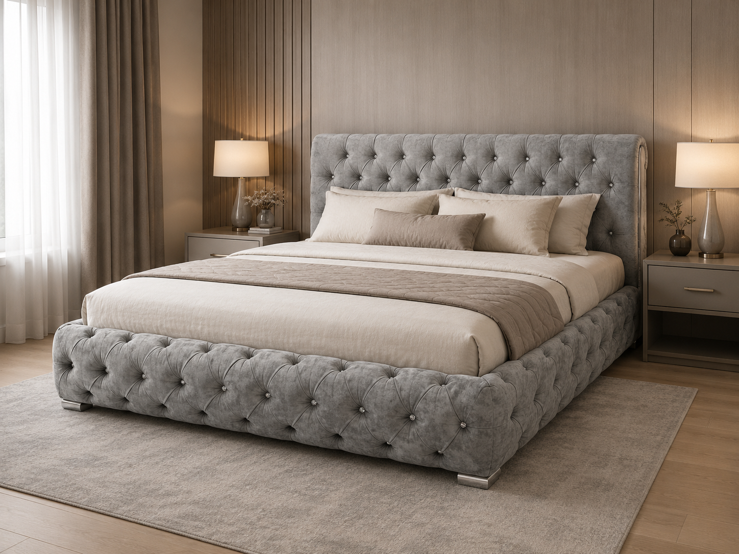 dormitorio amplio con base de cama queen o king size, colchón, cabecera y muebles complementarios de recámara.