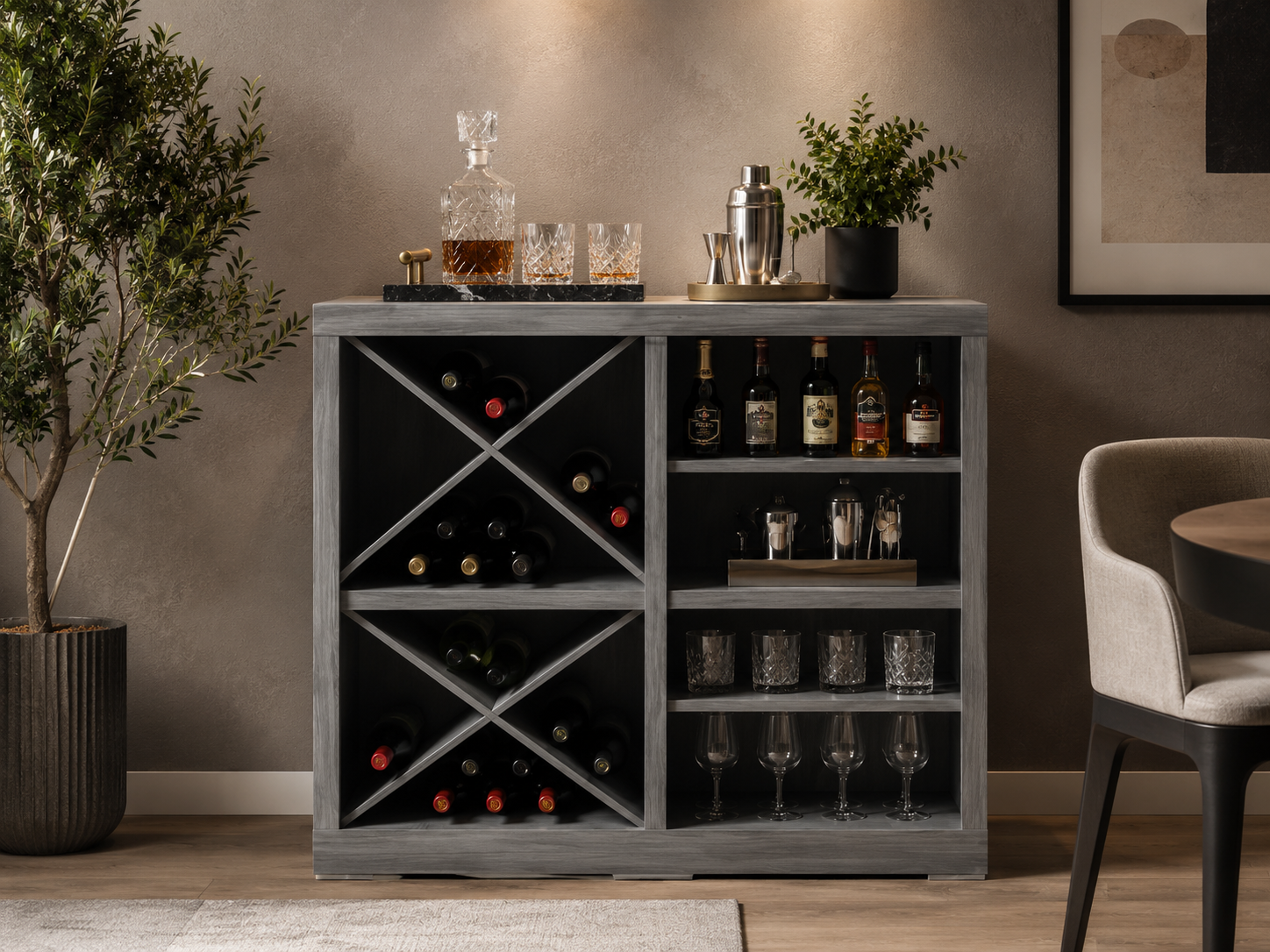 sala moderna con cantina o barra elegante, copas, botellas organizadas y ambiente social sofisticado