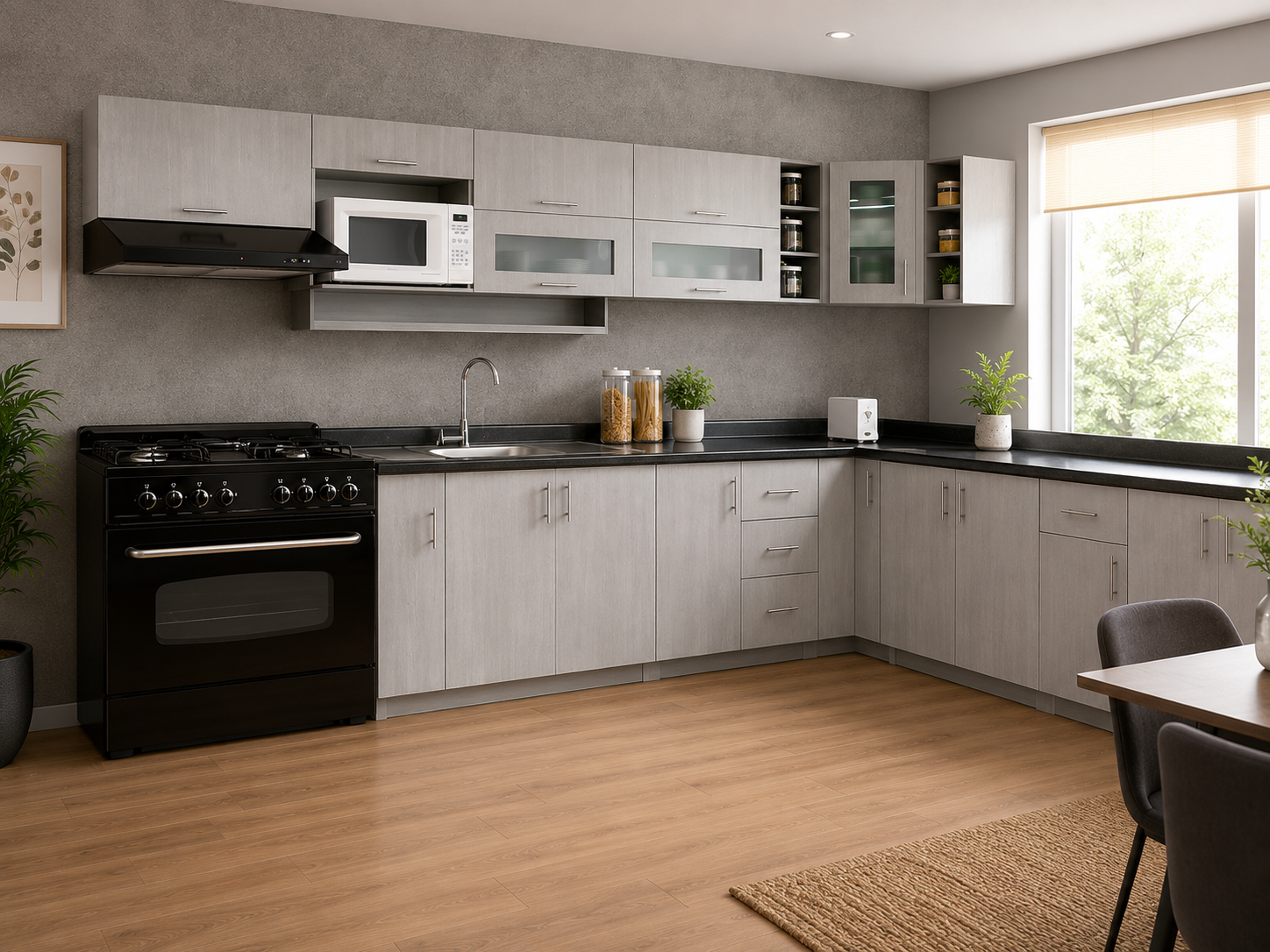 Imagen recomendada: cocina integral en escuadra moderna, con distribución en L, alacenas superiores, módulos inferiores y esquina aprovechada en tonos neutros.