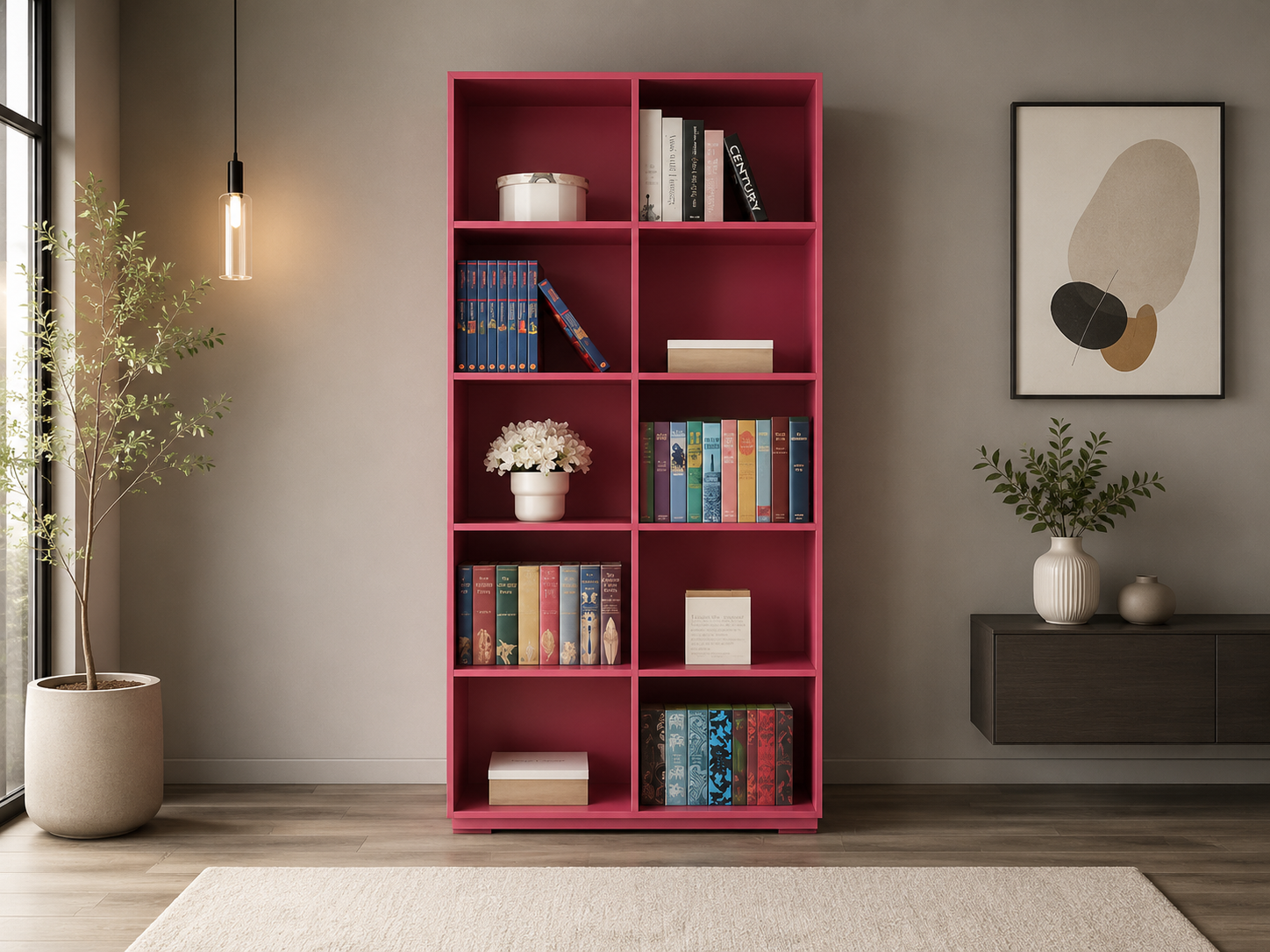sala moderna con librero, libros organizados, plantas, objetos decorativos, sofá y decoración neutra.
