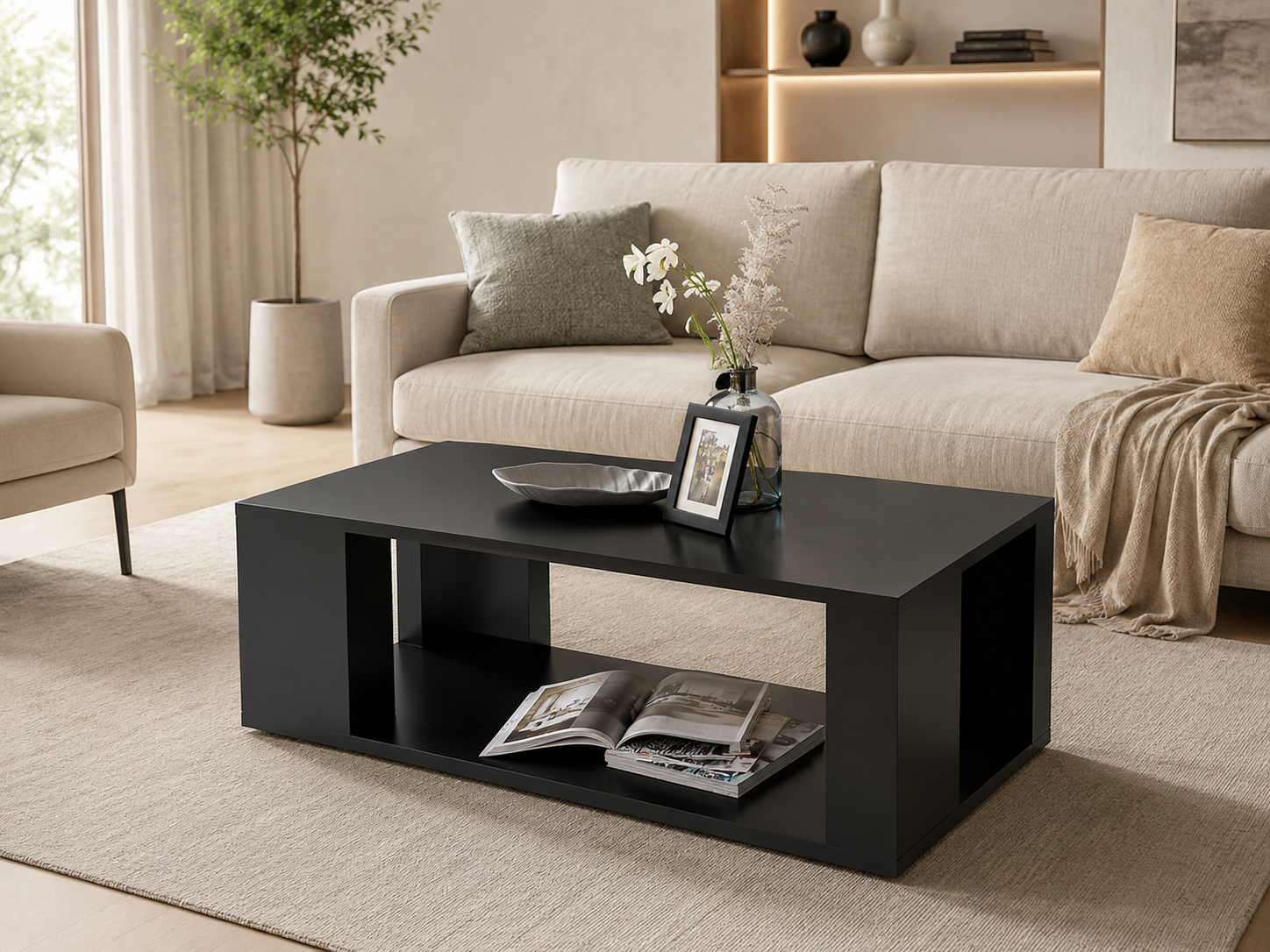 sala moderna con mesa de centro de madera, mesa auxiliar lateral, sofá y decoración organizada.