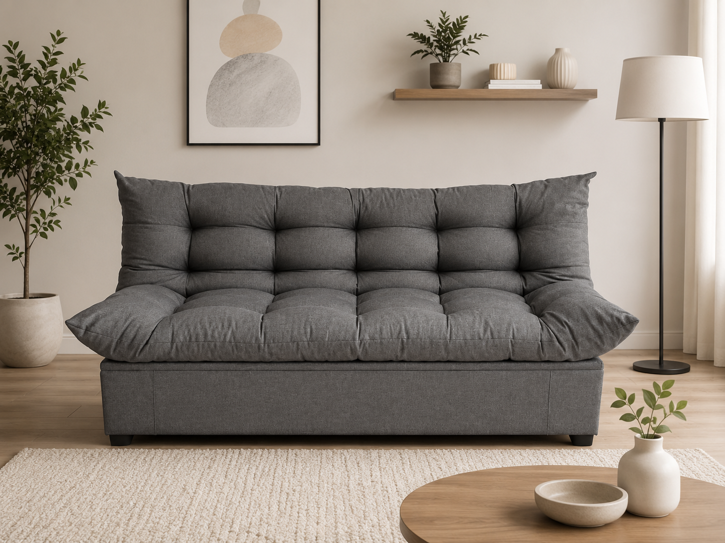 Imagen recomendada: sala moderna con sofá cama, sillón individual, mesa de centro y centro de entretenimiento en un espacio ordenado.