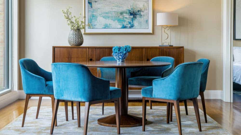 Se observa un comedor elegante con mesa redonda de madera y sillas tapizadas en tono azul vibrante. El contraste con el bufetero en madera y la decoración artística crea un ambiente sofisticado, moderno y acogedor.