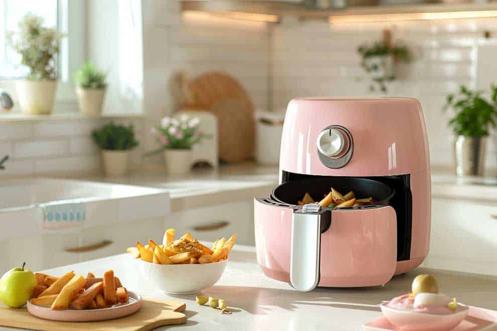 La imagen muestra una freidora de aire color rosa colocada sobre una isla de cocina luminosa. Alrededor se observan alimentos preparados, plantas decorativas y acabados en tonos claros que crean un ambiente moderno para la preparación de comidas.