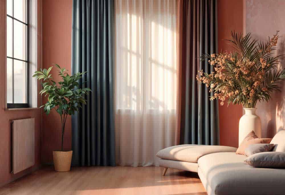 La imagen muestra una sala acogedora con cortinas en tonos oscuros y translúcidos que permiten el paso suave de la luz natural. Los colores cálidos, las plantas decorativas y el mobiliario crean un ambiente elegante y relajante.