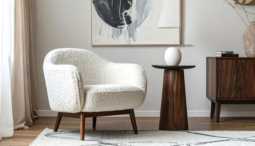 La fotografía presenta una poltrona moderna en tono blanco con textura tipo bouclé, acompañada de muebles en acabado madera oscura. La combinación de textiles suaves y tonos neutros crea un rincón elegante y perfecto para el descanso.