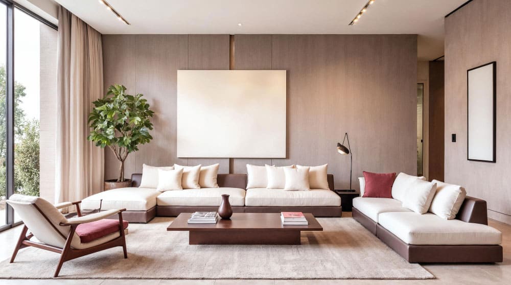 La imagen muestra una sala de estar moderna con sofá en escuadra en tonos neutros, mesa de centro de madera y decoración minimalista. La iluminación natural y los detalles cálidos crean un ambiente elegante, amplio y altamente confortable.