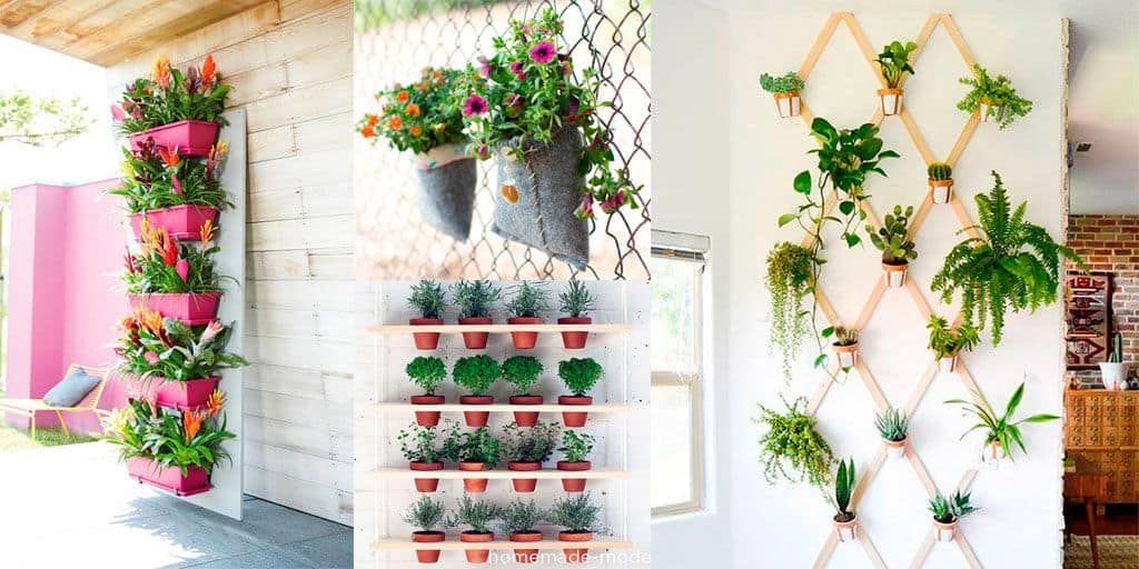 Se aprecia un collage con distintas propuestas de jardines verticales, desde macetas suspendidas y repisas hasta estructuras geométricas de madera. Cada opción demuestra cómo incorporar vegetación en espacios pequeños con creatividad.