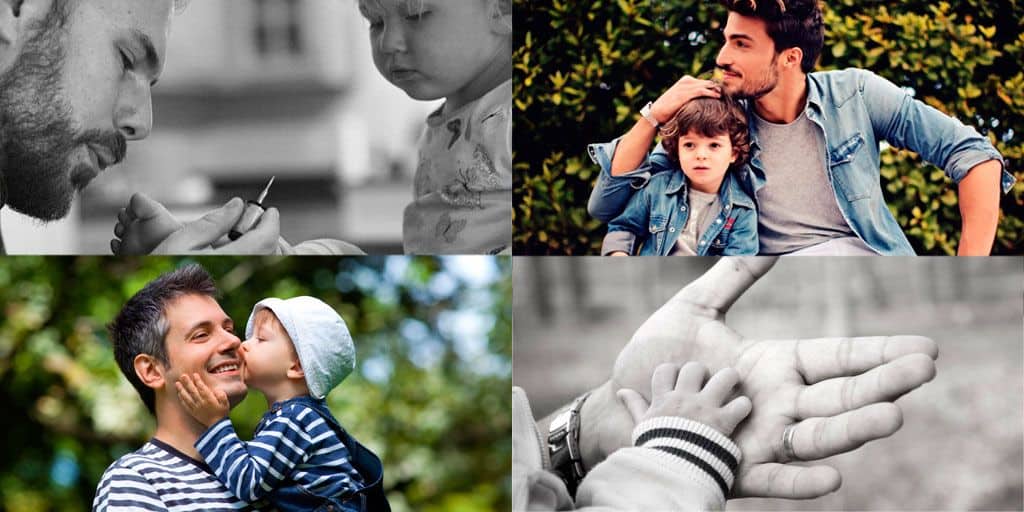 Se observa un collage de diferentes momentos de convivencia entre padres e hijos, representando el cuidado, acompañamiento, protección y vínculo afectivo dentro de la familia.