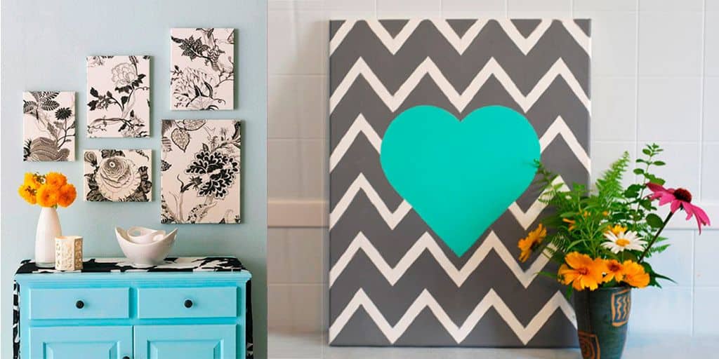 Se aprecia una propuesta de cuadros decorativos elaborados con diseños florales y geométricos que realzan una pared en tonos claros. El mobiliario azul y los detalles coloridos complementan la decoración, creando un espacio alegre.