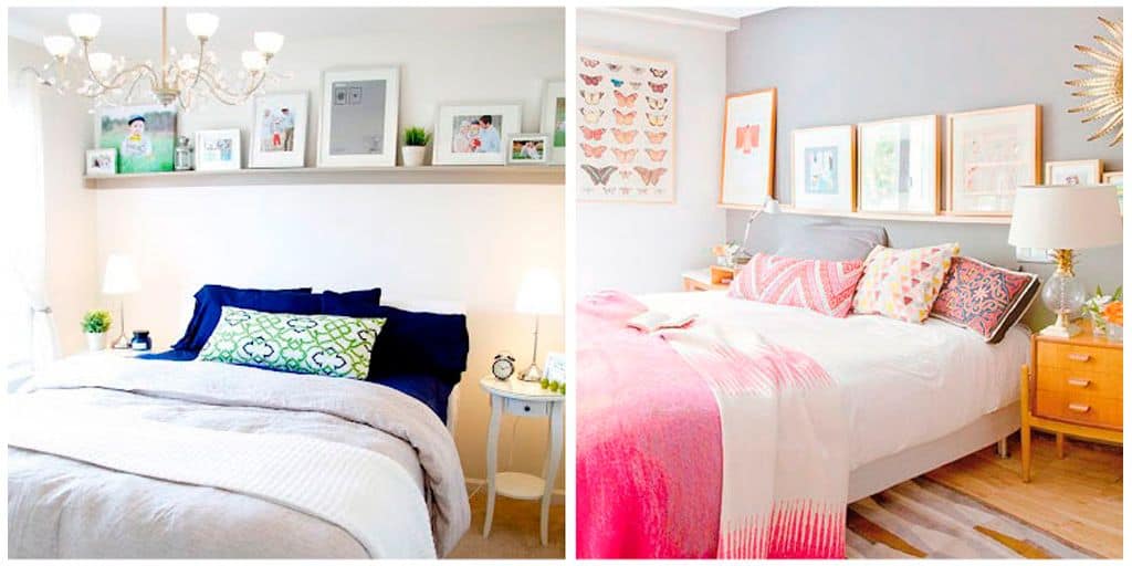 Se observa una comparación de dos dormitorios donde una repisa flotante ubicada sobre la cabecera sostiene cuadros, fotografías y accesorios decorativos. Esta solución aprovecha la pared para aportar estilo, orden y un toque personalizado.