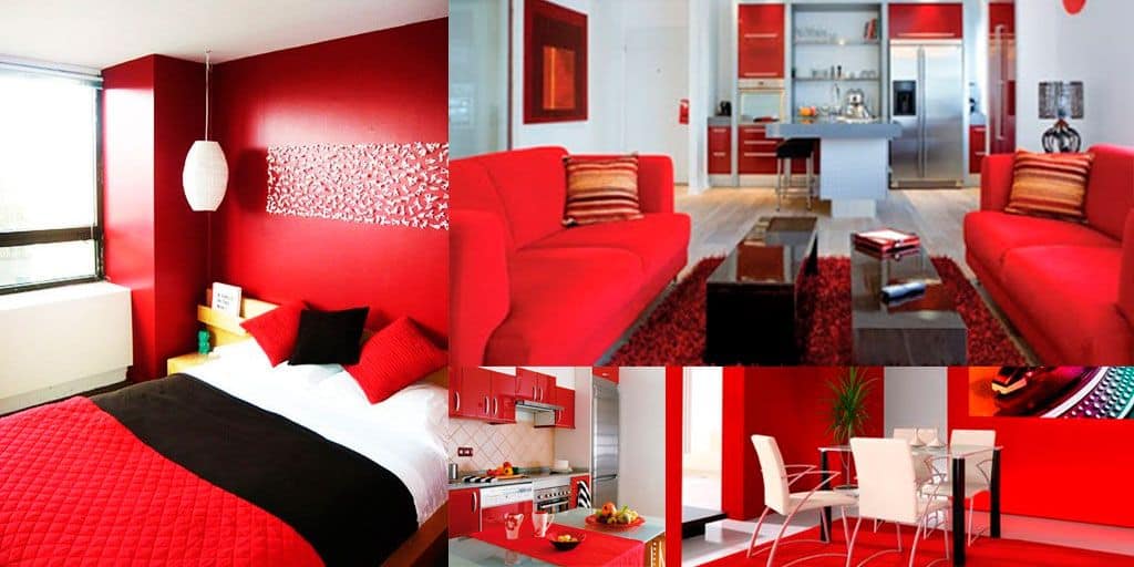 Se observa un collage de interiores donde el color rojo se integra en recámaras, salas, cocinas y comedores. Cada espacio demuestra cómo este tono puede aportar energía, elegancia y personalidad cuando se combina con muebles.