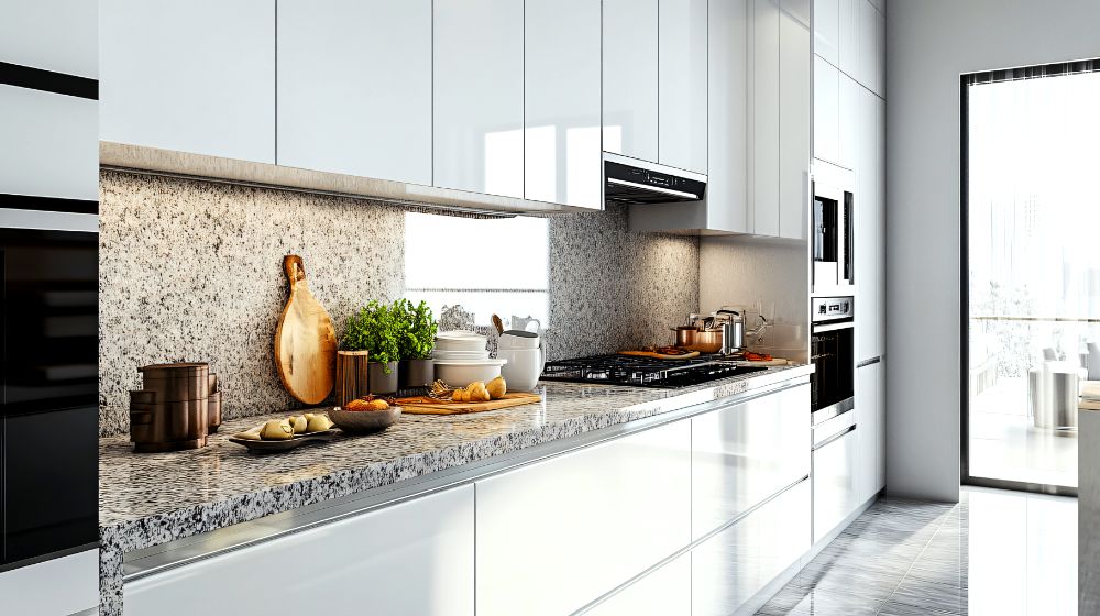 La imagen muestra una cocina integral moderna en tonos blancos con cubierta tipo granito. Su diseño lineal, iluminación integrada y electrodomésticos empotrados crean un espacio elegante, funcional y perfectamente organizado.