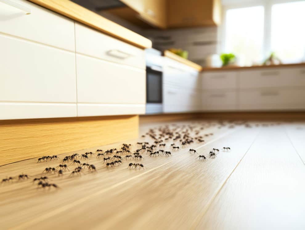 La imagen muestra varias hormigas recorriendo el piso de una cocina moderna en tonos blanco y madera clara. La toma destaca la presencia de esta plaga doméstica, un problema común que puede afectar la higiene y el confort del hogar.