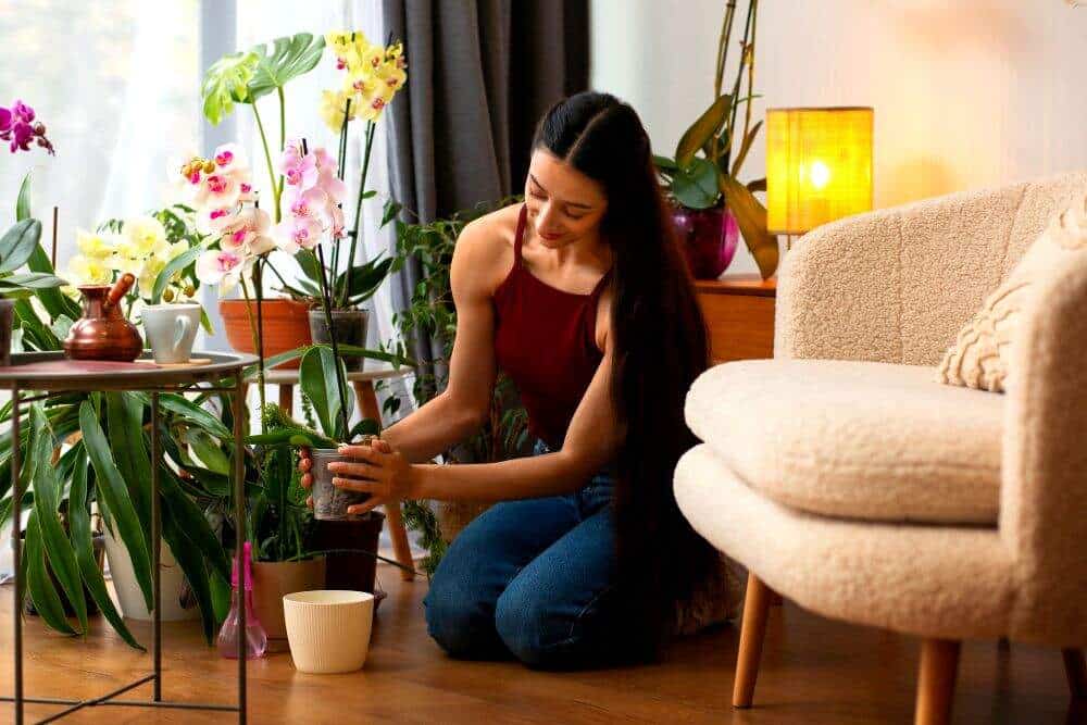 La imagen muestra a una mujer acomodando una maceta en una acogedora sala de estar. El espacio está rodeado de diversas plantas de interior y orquídeas en flor, creando un ambiente natural y relajante.