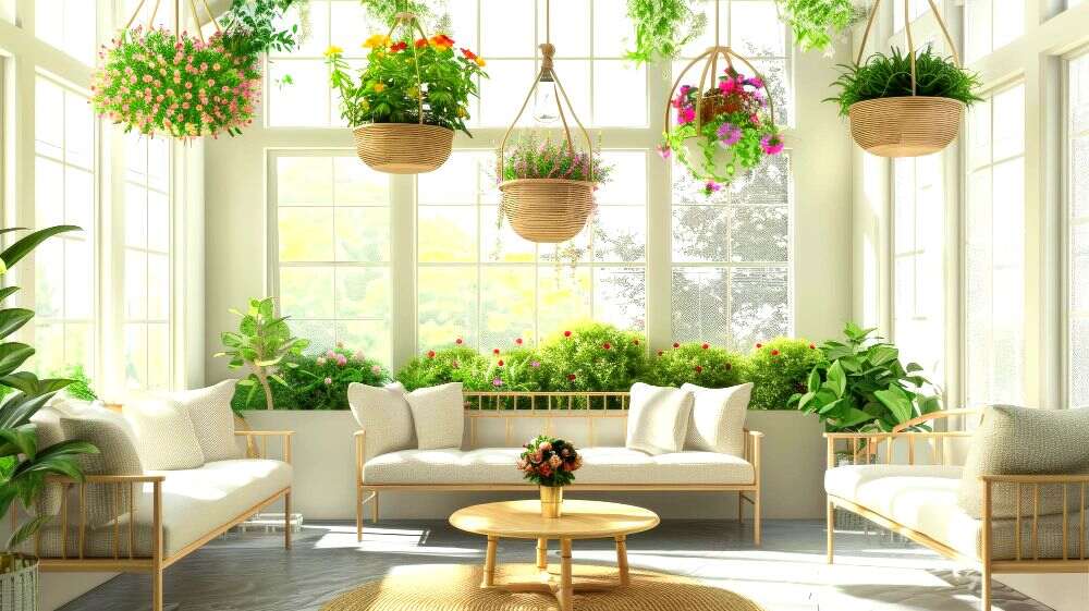 La imagen muestra una elegante sala rodeada de vegetación, grandes ventanales, macetas colgantes y plantas decorativas. Los sofás en tonos claros y la mesa central de madera complementan un diseño que conecta el interior con la naturaleza.
