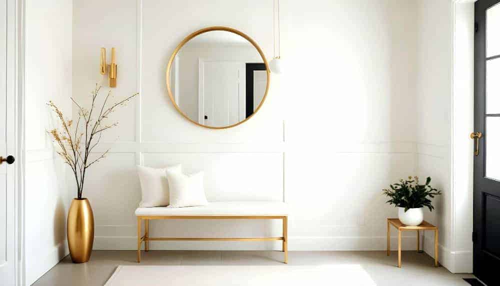 Se observa un espacio minimalista con banca blanca, espejo redondo con marco dorado, florero alto, plantas y decoración sencilla que genera amplitud visual.