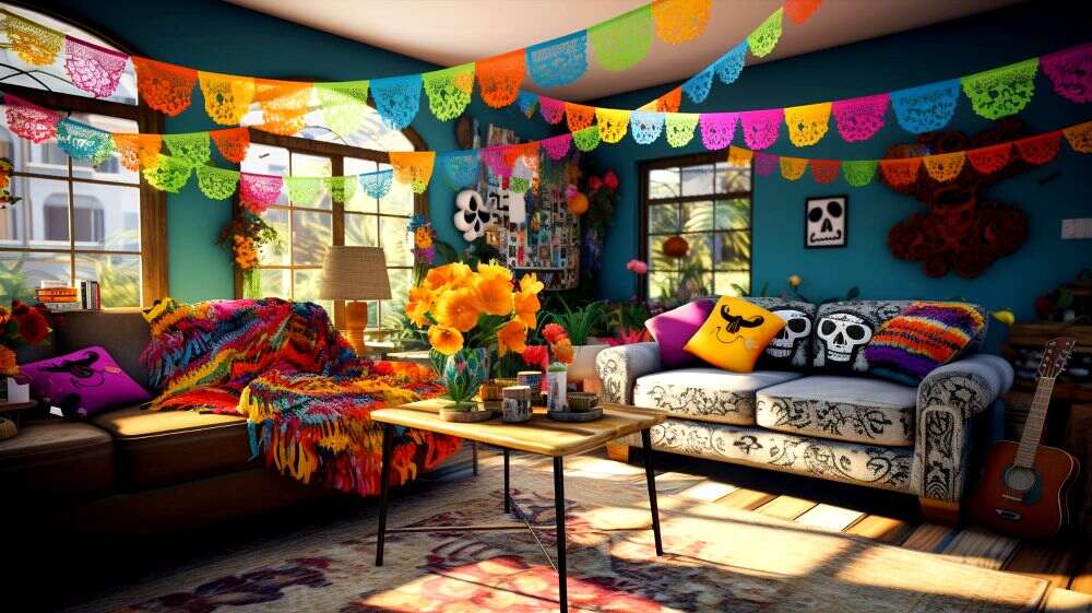 Una sala colorida decorada con papel picado, flores y cojines temáticos, creando un ambiente festivo inspirado en el Día de Muertos.