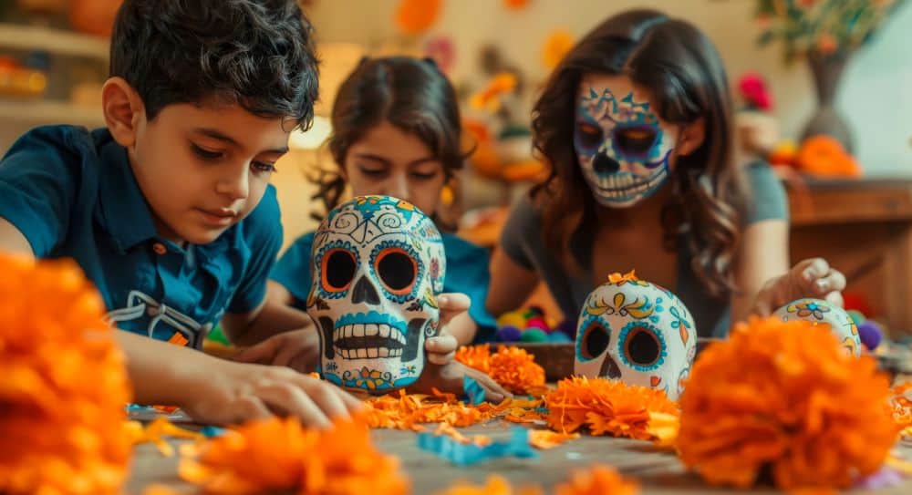 La imagen muestra a varios niños participando en una actividad creativa de Día de Muertos, decorando calaveras entre flores de cempasúchil y elementos tradicionales.