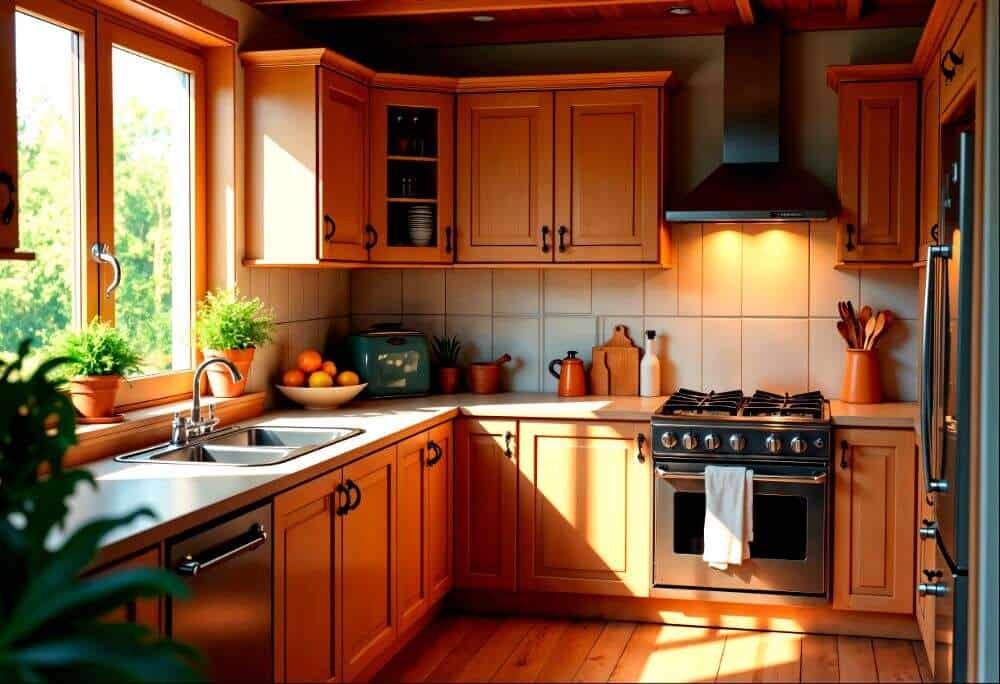 La imagen muestra una cocina en escuadra con gabinetes de madera en tonos miel, iluminación natural y detalles decorativos que crean un ambiente acogedor, familiar y lleno de calidez.