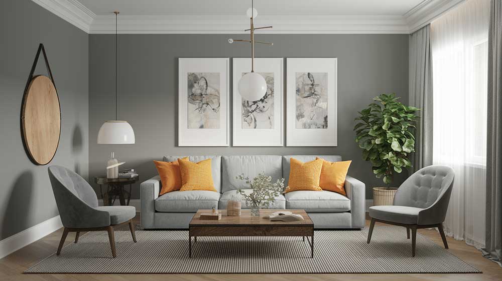La imagen muestra una sala moderna con paredes en tono gris, sofá claro y sillones tapizados a juego. Destacan los cojines color mostaza, cuadros decorativos, mesa de centro en madera y una iluminación colgante.