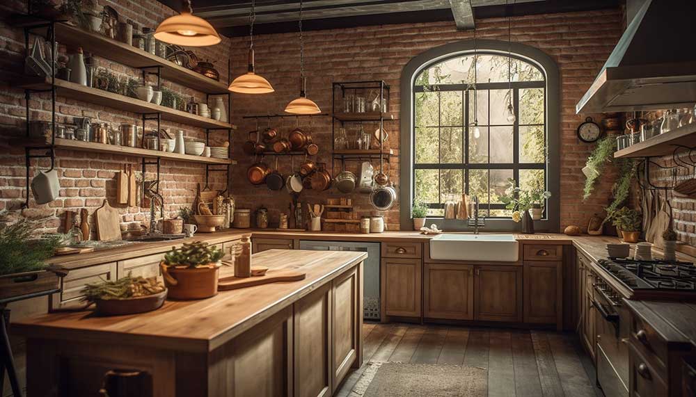 La imagen muestra una cocina de estilo industrial con muebles de madera, muros de ladrillo aparente y amplias repisas abiertas. Destacan la isla central de trabajo, los utensilios colgantes, la iluminación cálida y el ventanal que aporta carácter.