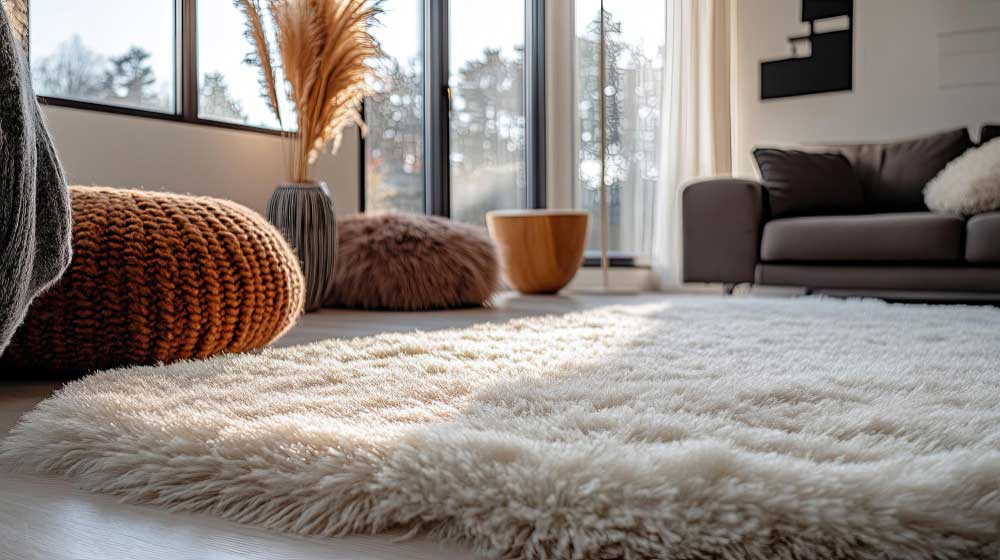 Se observa una sala moderna con alfombra tipo felpuda en tono claro que aporta textura y confort. Los elementos decorativos en fibras y tonos cálidos, junto con la luz natural, crean un ambiente acogedor, relajante y elegante.