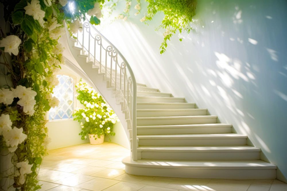 Un elegante espacio interior iluminado por luz natural, donde una escalera curva blanca se rodea de vegetación y flores. Los rayos de sol crean un ambiente cálido, fresco y sereno, evocando una atmósfera casi mágica y acogedora.