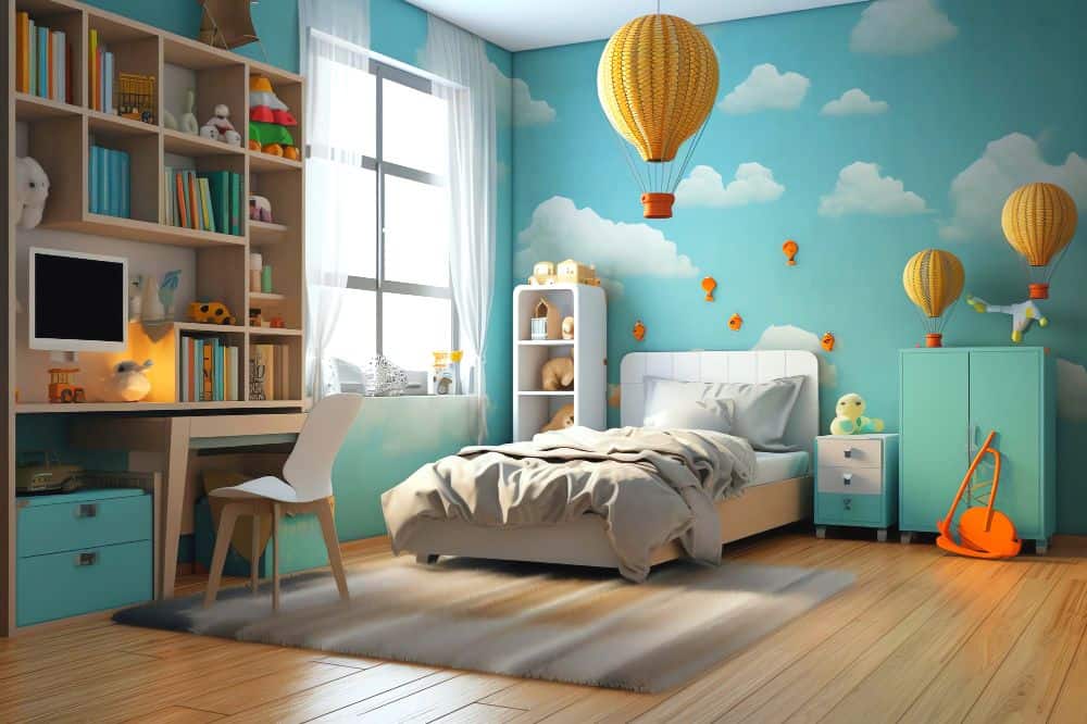 Inspirada en los viajes y la imaginación, esta habitación incorpora un mural de globos aerostáticos, muebles modernos y una paleta de colores suaves que hacen del dormitorio un espacio alegre, funcional y lleno de personalidad.