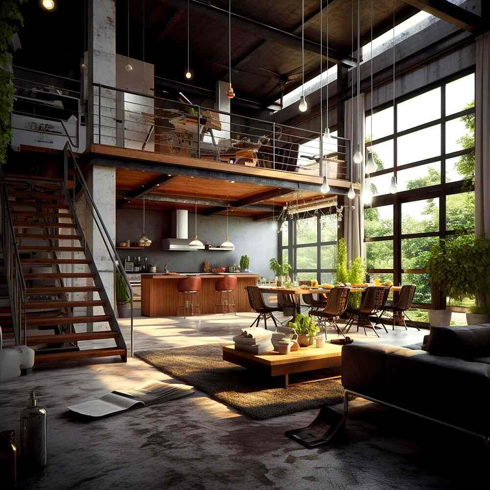 La imagen muestra un loft moderno de doble altura con estilo industrial, donde se integran sala, comedor y cocina. Los materiales en madera y metal, junto con la luz natural, crean un ambiente amplio, elegante y lleno de vida.