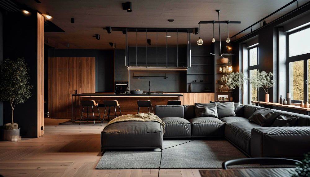Un espacio de concepto abierto con estilo industrial contemporáneo donde la sala, el comedor y la cocina se integran perfectamente. Los tonos oscuros, la madera natural y la iluminación cálida crean un ambiente elegante.