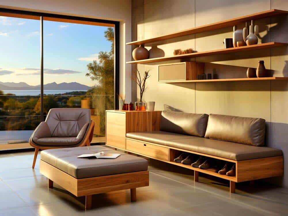 Se observa una acogedora sala de estar con mobiliario de madera natural y cojines en tonos café y gris. Destacan los estantes flotantes decorados con jarrones, una banca multifuncional con espacio de almacenamiento y un amplio ventanal.
